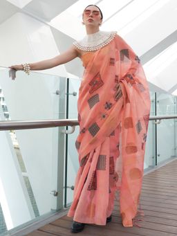 Akhilam - Women's Tissue Pink Woven Designer Saree with Unstitched Blouse