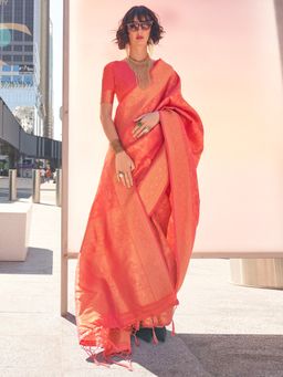 Sareemall - Women's Kanjeevaram Silk Peach Woven Designer Saree with Unstitched Blouse