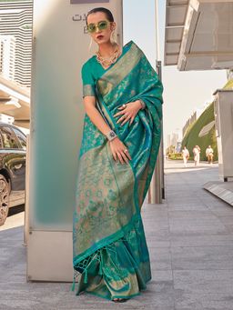 Sareemall - Women's Kanjeevaram Silk Teal Blue Woven Designer Saree with Unstitched Blouse