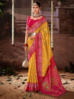 Akhilam - Women's Tussar Silk Yellow Printed Designer Saree with Unstitched Blouse