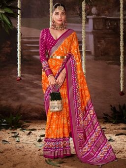 Akhilam - Women's Tussar Silk Orange Printed Designer Saree with Unstitched Blouse