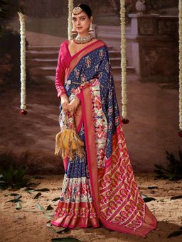 Akhilam - Women's Tussar Silk Navy Blue Printed Designer Saree with Unstitched Blouse