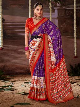 Akhilam - Women's Tussar Silk Purple Printed Designer Saree with Unstitched Blouse