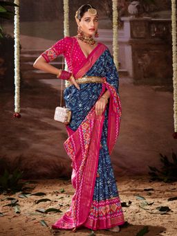 Akhilam - Women's Tussar Silk Navy Blue Printed Designer Saree with Unstitched Blouse