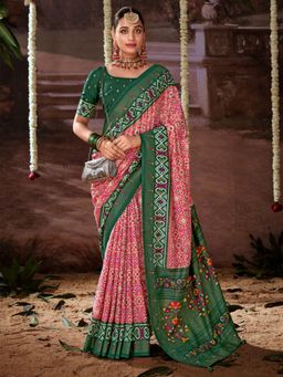 Akhilam - Women's Tussar Silk Pink Printed Designer Saree with Unstitched Blouse