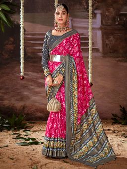 Akhilam - Women's Tussar Silk Pink Printed Designer Saree with Unstitched Blouse