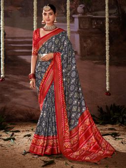Akhilam - Women's Tussar Silk Grey Printed Designer Saree with Unstitched Blouse