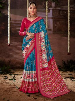 Akhilam - Women's Tussar Silk Light Blue Printed Designer Saree with Unstitched Blouse