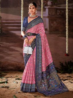 Akhilam - Women's Tussar Silk Pink Printed Designer Saree with Unstitched Blouse