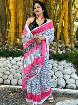Akhilam - Women's Cotton Blend White Printed Designer Saree with Unstitched Blouse