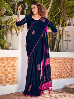 Sareemall - Women's Soft Silk Navy Blue Printed Designer Saree with Unstitched Blouse