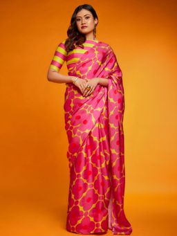 Akhilam - Women's Satin Pink Floral Designer Saree with Unstitched Blouse