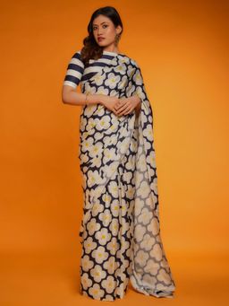 Akhilam - Women's Satin Cream Floral Designer Saree with Unstitched Blouse