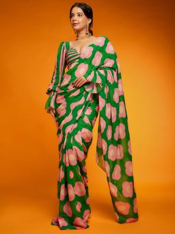 Akhilam - Women's Satin Green Floral Designer Saree with Unstitched Blouse