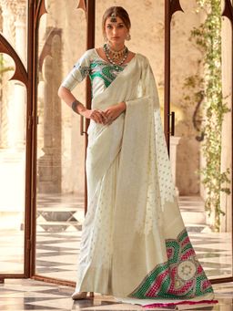 Akhilam - Women's Silk Blend Off White Woven Designer Saree with Unstitched Blouse