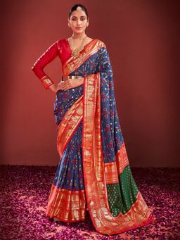Akhilam - Women's Tussar Silk Navy Blue Printed Designer Saree with Unstitched Blouse