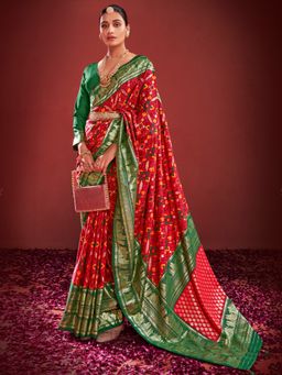 Akhilam - Women's Tussar Silk Red Printed Designer Saree with Unstitched Blouse