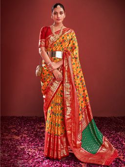 Akhilam - Women's Tussar Silk Mustard Printed Designer Saree with Unstitched Blouse