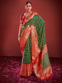 Akhilam - Women's Tussar Silk Green Printed Designer Saree with Unstitched Blouse