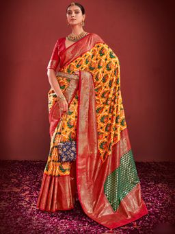 Akhilam - Women's Tussar Silk Mustard Printed Designer Saree with Unstitched Blouse