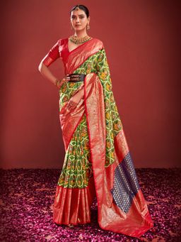 Akhilam - Women's Tussar Silk Olive Printed Designer Saree with Unstitched Blouse