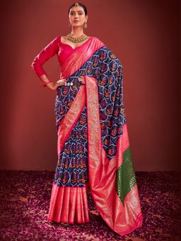 Akhilam - Women's Tussar Silk Navy Blue Printed Designer Saree with Unstitched Blouse