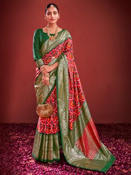 Akhilam - Women's Tussar Silk Red Printed Designer Saree with Unstitched Blouse