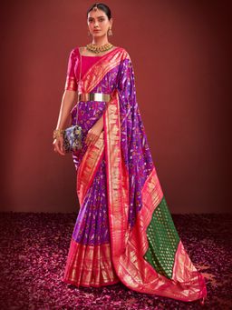 Akhilam - Women's Tussar Silk Purple Printed Designer Saree with Unstitched Blouse