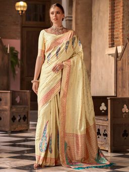 Akhilam - Women's Silk Blend Cream Woven Designer Saree with Unstitched Blouse