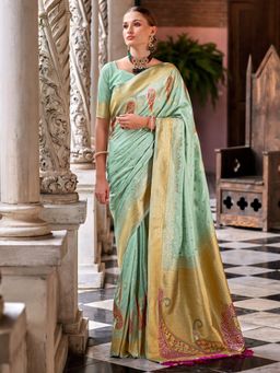 Akhilam - Women's Silk Blend Sea Green Woven Designer Saree with Unstitched Blouse