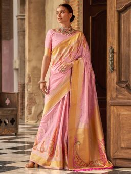 Akhilam - Women's Silk Blend Pink Woven Designer Saree with Unstitched Blouse