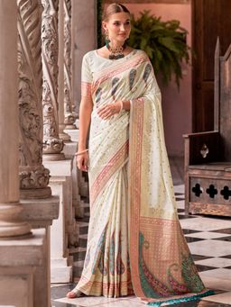 Akhilam - Women's Silk Blend Off White Woven Designer Saree with Unstitched Blouse