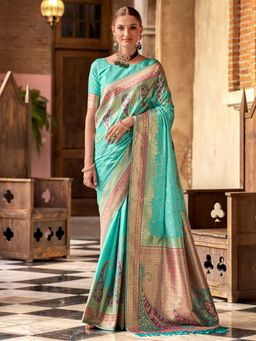 Akhilam - Women's Silk Blend Light Blue Woven Designer Saree with Unstitched Blouse