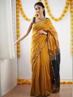 Akhilam - Women's Cotton Blend Mustard Woven Designer Saree with Unstitched Blouse