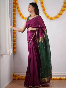 Akhilam - Women's Cotton Blend Magenta Woven Designer Saree with Unstitched Blouse