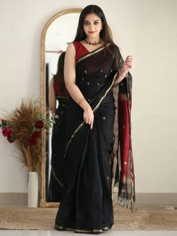 Akhilam - Women's Cotton Blend Black Woven Designer Saree with Unstitched Blouse
