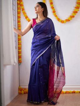 Akhilam - Women's Cotton Blend Navy Blue Woven Designer Saree with Unstitched Blouse