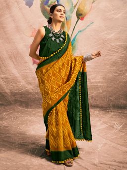 Akhilam - Women's Cotton Blend Mustard Printed Designer Saree with Unstitched Blouse