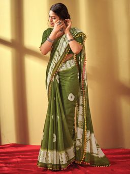Akhilam - Women's Cotton Blend Green Printed Designer Saree with Unstitched Blouse
