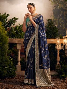 Akhilam - Women's Silk Blend Navy Blue Woven Designer Saree with Unstitched Blouse