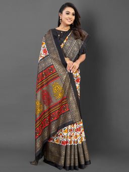 Akhilam - Women's Dola Silk White Printed Designer Saree with Unstitched Blouse
