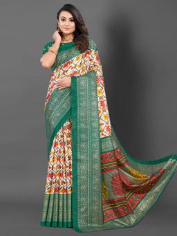 Akhilam - Women's Dola Silk White Printed Designer Saree with Unstitched Blouse