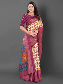 Akhilam - Women's Dola Silk White Printed Designer Saree with Unstitched Blouse