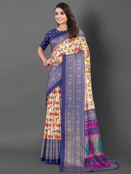 Akhilam - Women's Dola Silk White Printed Designer Saree with Unstitched Blouse