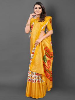 Akhilam - Women's Dola Silk White Printed Designer Saree with Unstitched Blouse