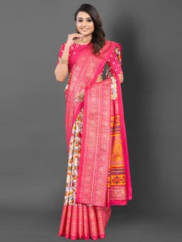 Akhilam - Women's Dola Silk White Printed Designer Saree with Unstitched Blouse