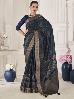 Akhilam - Women's Vichitra Silk Navy Blue Woven Designer Saree with Unstitched Blouse