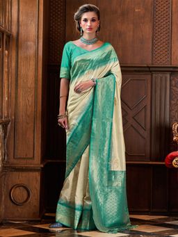 Akhilam - Women's Silk Blend Cream Woven Designer Saree with Unstitched Blouse