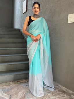 Akhilam - Women's Georgette Light Blue Colorblock Saree with Unstitched Blouse