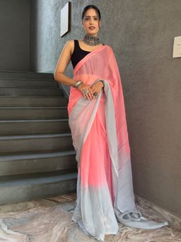 Akhilam - Women's Georgette Pink Colorblock Saree with Unstitched Blouse